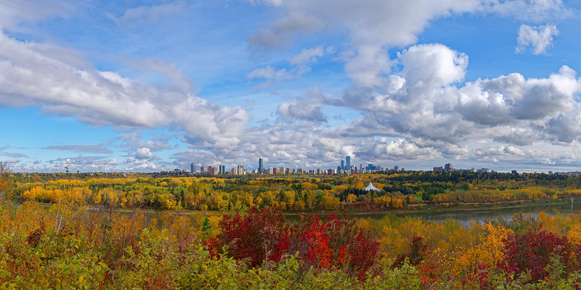 panoramic view of a cityscape surrounded by sky and autumn-coloured trees