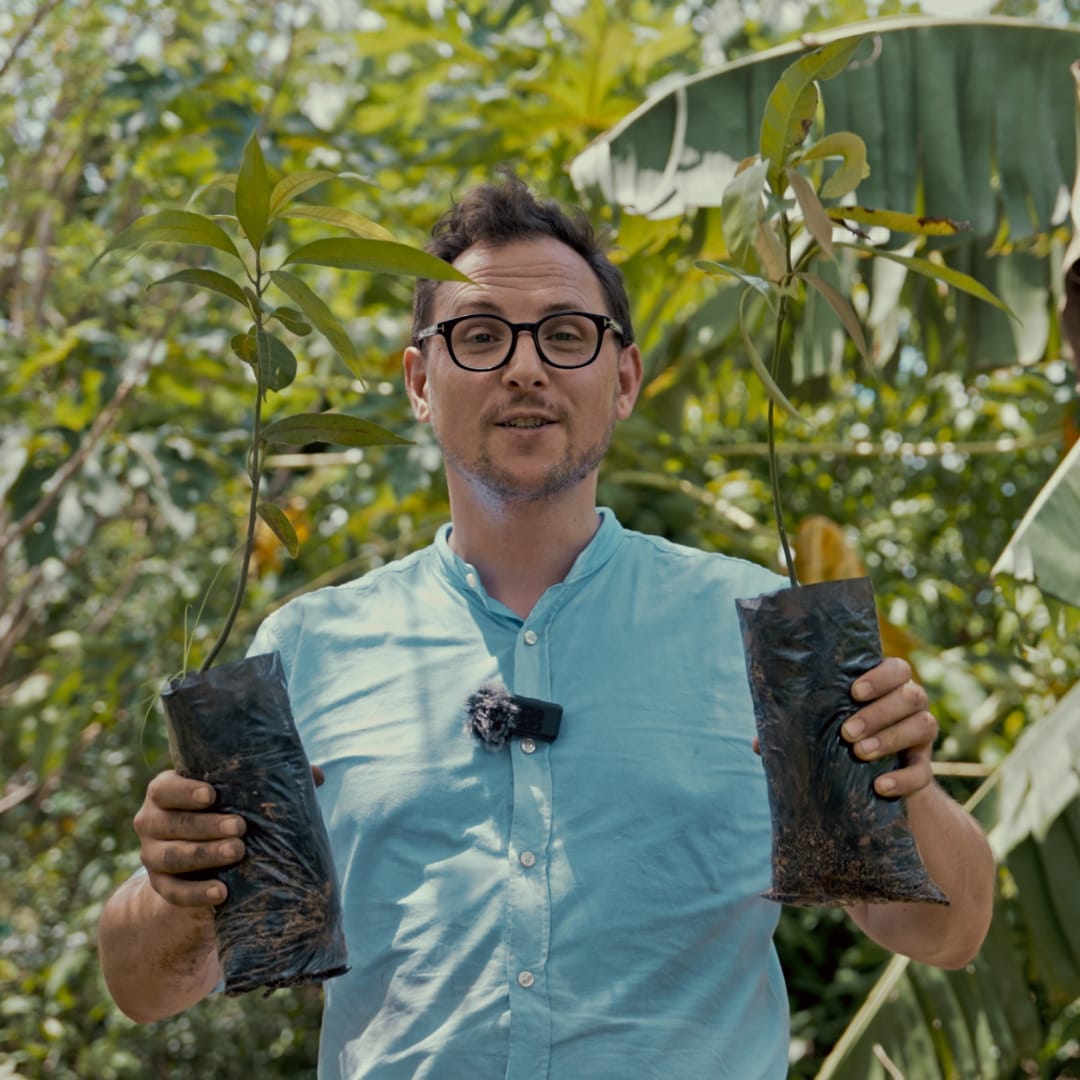 A person facing the camera holding a tree sapling in each hand